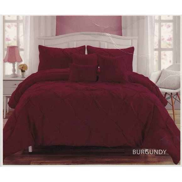 6 Piece Comforter Set in Burgundy - Queen & King Size - Pintuck Comforter Set - Picture 2 of 2